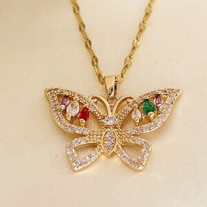 18K Gold Plated Multicolor Butterfly Necklace stainless steel womens jewelry
